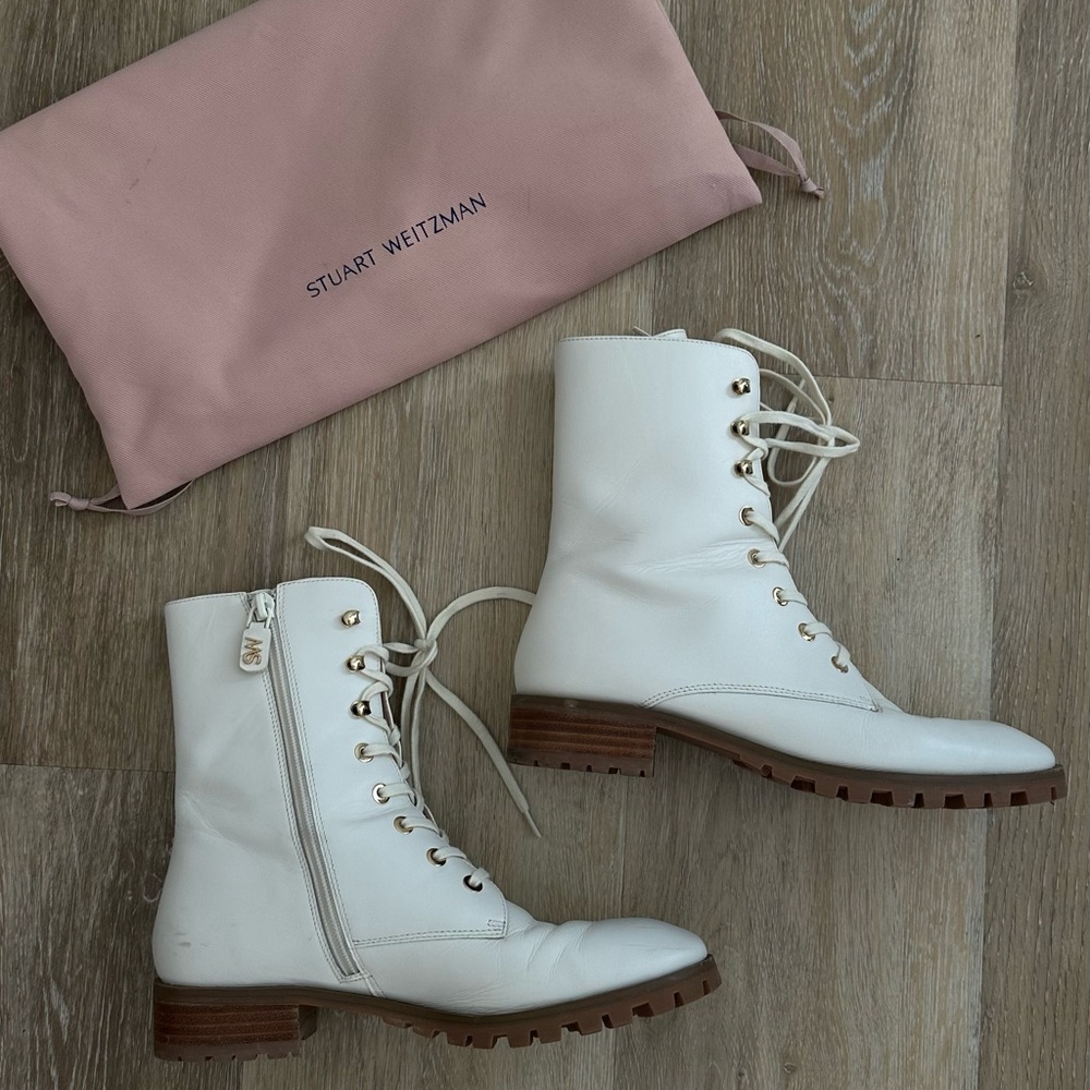 Stuart Weitzman White Combat Ankle Boots